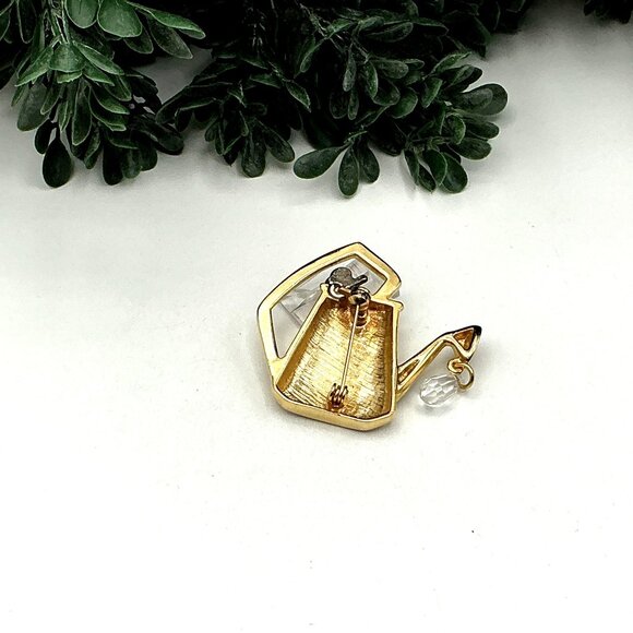 Watering Can Gold-Tone Brooch With Crystal Drop Accent For Garden Enthusiasts - Picture 4 of 4